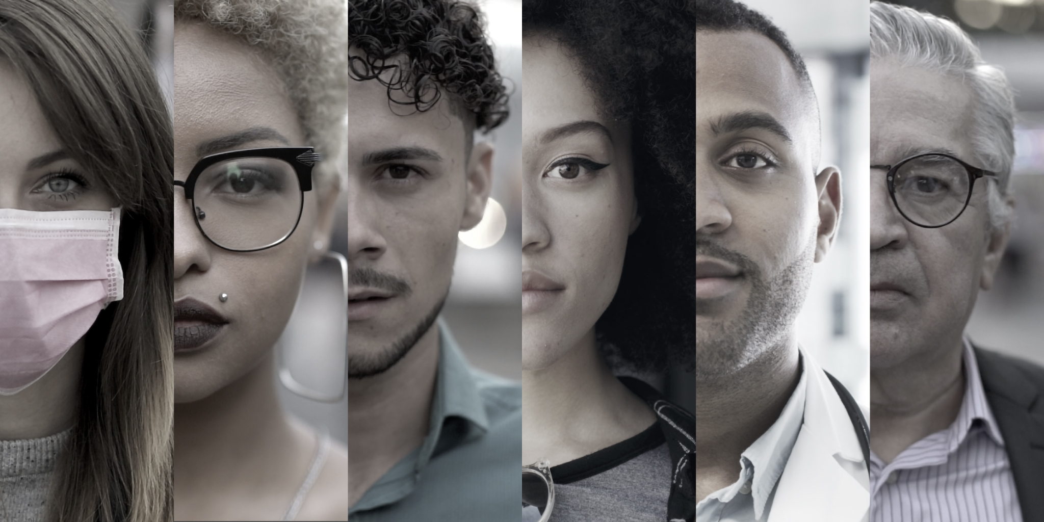 Six faces of various ages, genders, and races